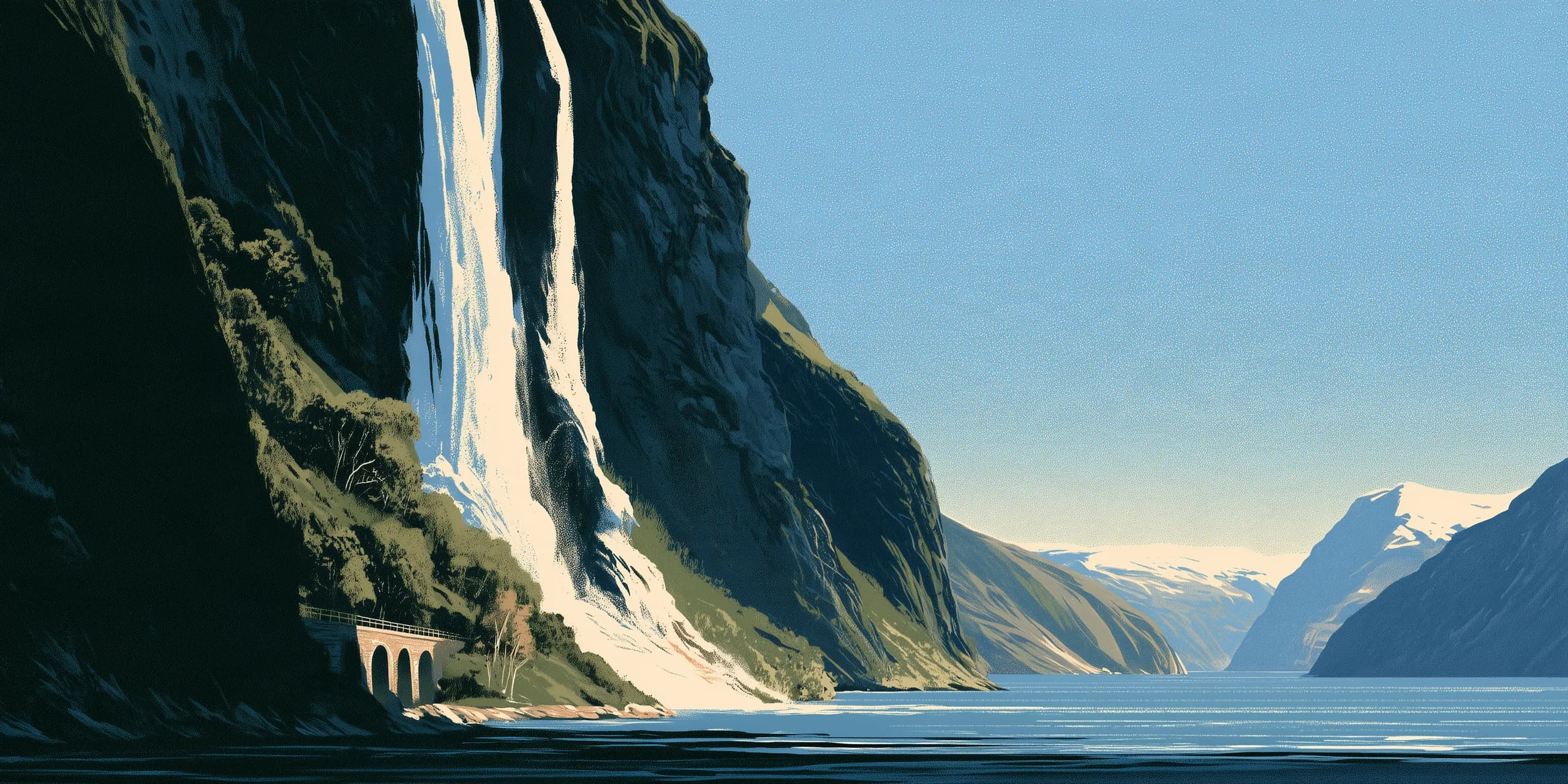 A waterfall falling down a fjord wall above a small stone railway bridge, drawn as a travel poster