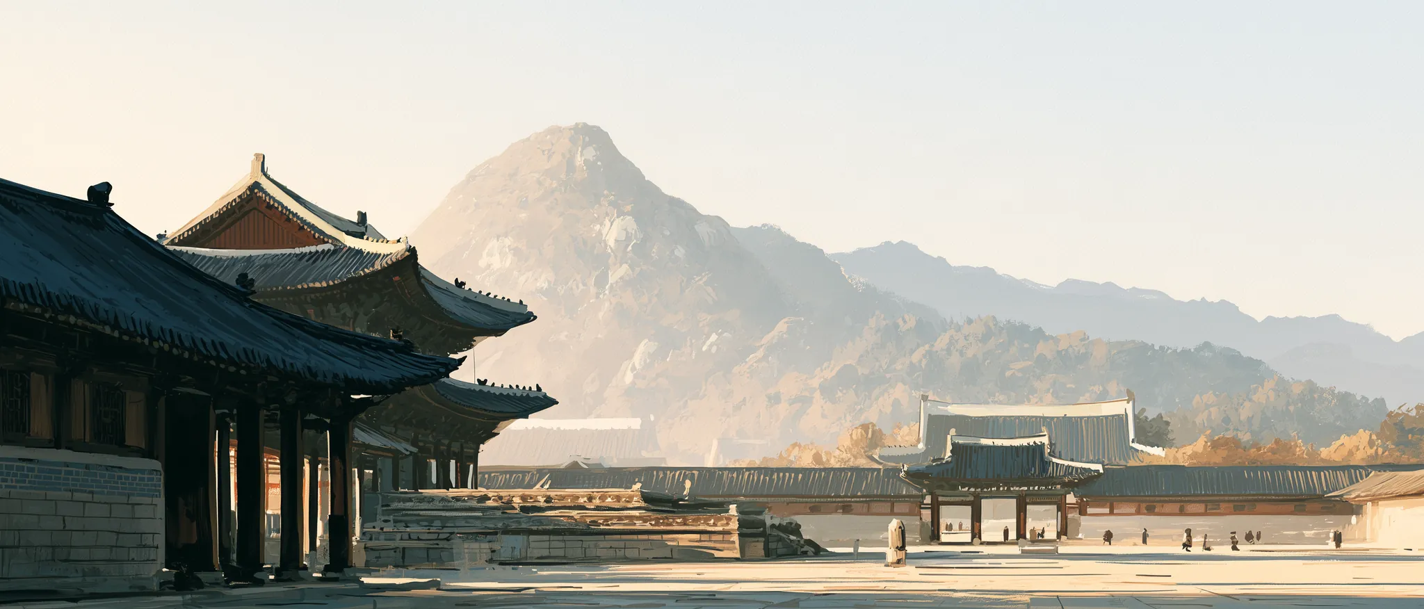 Painting of the dark curved roofs of Gyeongbokgung palace in Seoul in low autumn sun, with a gateway across the courtyard and a pale granite mountain rising behind